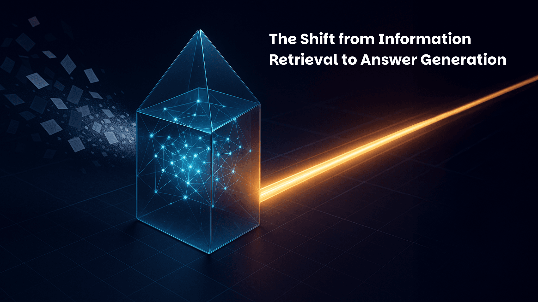 The GEO Paradigm A 3D illustration representing Generative Engine Optimization (GEO), showing a glowing AI neural network filtering chaotic web pages into a single, clean beam of information.